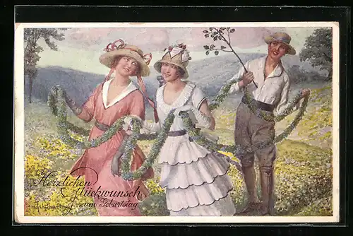 Künstler-AK H. Schubert: Zwei junge Mädchen und Bursche mit Blumengirlande