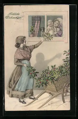 Künstler-AK H.Schubert: Ansicht einer Frau, die Mistelzweige verteilt, Weihnachtsgrüsse