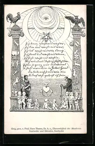 Künstler-AK Hans Thoma: Symbolik, von der Wiege zur Bahre, Tierkreiszeichen, Eule, Pentagramm, Glaube Liebe Hoffnung