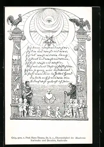 Künstler-AK Hans Thoma: Symbolik, von der Wiege zur Bahre, Tierkreiszeichen, Eule, Pentagramm, Glaube Liebe Hoffnung