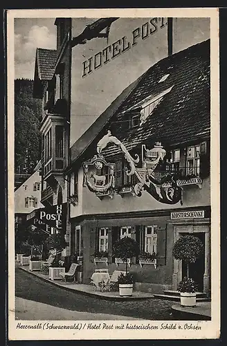 AK Herrenalb /Schwarzwald, Hotel Post mit historischem Schild z. Ochsen