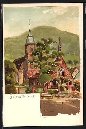 Lithographie Herrenalb, Die Kirche mit Parkbänken