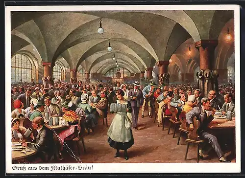 AK München, Mathäser-Bräu mit vollbesetztem Schankraum
