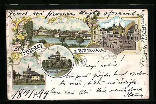 Lithographie Rozmital, Námesti, Zámek, Farni kostel