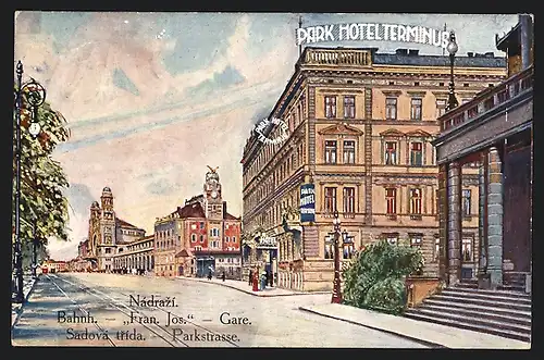Künstler-AK Prag, Park Hotel Terminus in der Parkstrasse und Franz Josefs Bahnhof