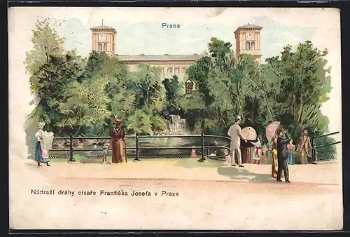 Lithographie Prag / Praha, Nadrazi drahy cisare Frantiska Josefa v Praze