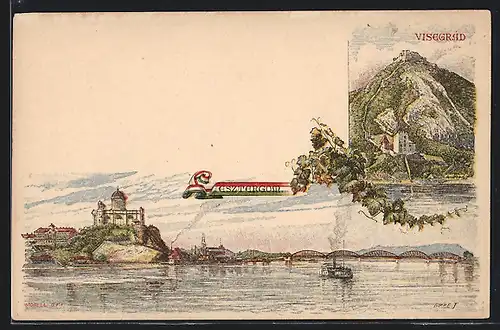 Künstler-AK Esztergom, Panorama, Visegrad