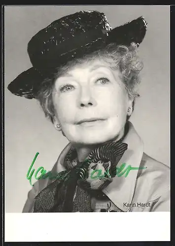 AK Schauspielerin Karin Hardt mit Schleife und Hut, mit original Autograph