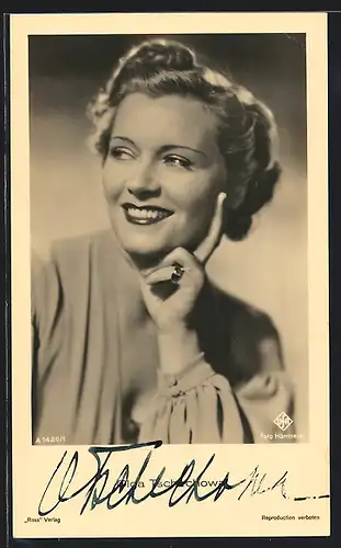 AK Schauspielerin Olga Tschechowa lächelt glücklich, mit original Autograph