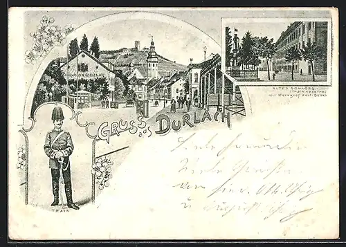 Lithographie Durlach, Altes Schloss (Train-Kaserne) mit Markgraf Karl Denkmal, Train, Ortspartie