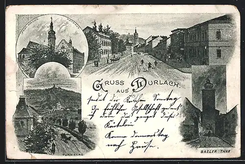 Lithographie Durlach, Basler Thor, Prot. Kirche, Rathaus und Turmberg