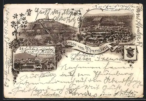 Lithographie Durlach, Gruss vom Thurmberg, Durlach mit Thurmberg, Ortsansicht aus der Vogelschau