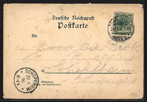 Lithographie Durlach, Gruss vom Thurmberg, Durlach mit Thurmberg, Ortsansicht aus der Vogelschau