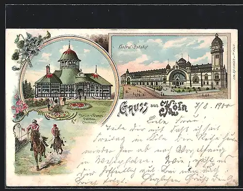 Lithographie Köln, Central-Bahnhof, Fürsten- und Damen Pavillon, Teehaus, Jockeys beim Pferderennen