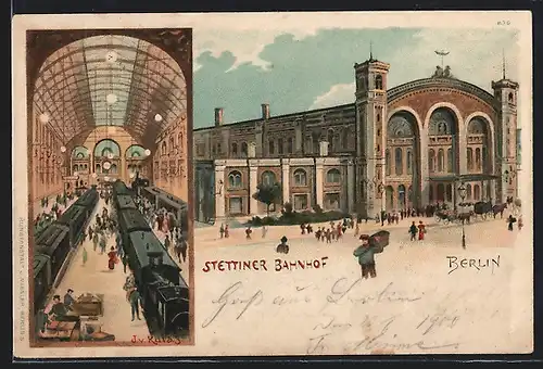 Lithographie Berlin, Stettiner Bahnhof, Aussenansicht und Ankunfsthalle der Züge, Invalidenstrasse