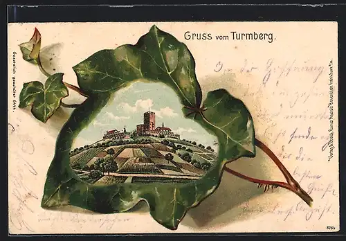 Lithographie Durlach, Gruss vom Turmberg, Ansicht der Turmberg-Ruine im Blatt