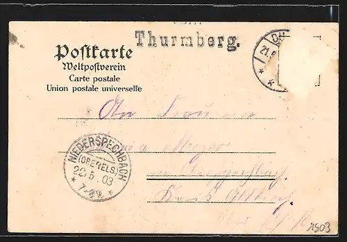 Lithographie Durlach, Gruss vom Turmberg, Ansicht der Turmberg-Ruine im Blatt