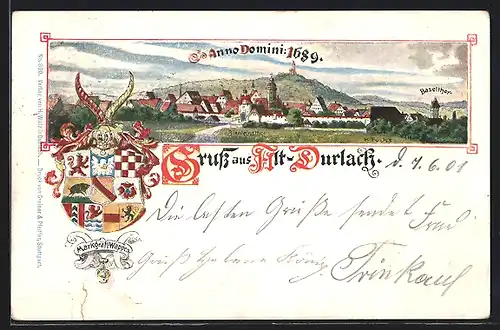 Lithographie Durlach, Ortsansicht von Alt-Durlach anno Domini 1689 mit Baselthor, Markgräfl. Wappen