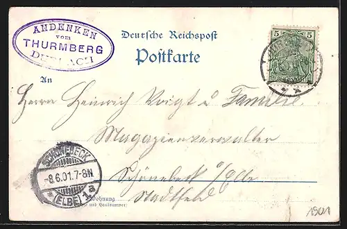 Lithographie Durlach, Ortsansicht von Alt-Durlach anno Domini 1689 mit Baselthor, Markgräfl. Wappen