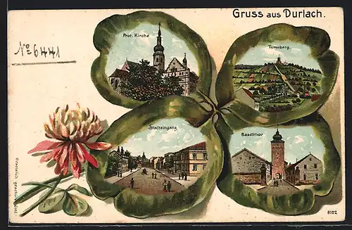 Passepartout-Lithographie Durlach, Prot. Kirche, Turmberg, Stadteingang
