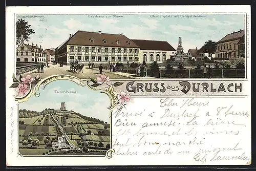Lithographie Durlach, Gasthaus zur Blume, Blumenplatz mit Hengstdenkmal, Turmberg
