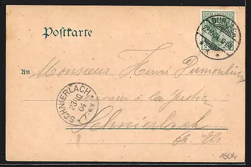 Lithographie Durlach, Gasthaus zur Blume, Blumenplatz mit Hengstdenkmal, Turmberg