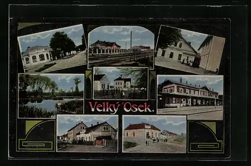 AK Velky Osek, Ortsansicht mit Restaurace J. Hampl, Bahnhof und Strassenmotiv