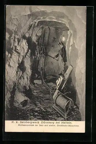AK Dürnberg, Salzbergwerk, Stollenvortrieb im Salz mit einer elektrischen Drehbor-Maschine