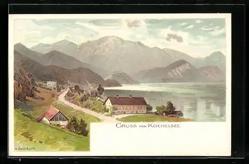 Lithographie Kochelsee, Uferpartie mit Gebirgspanorama