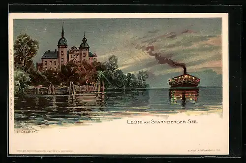 Künstler-AK Heinrich Deuchert: Leoni / Starnberger See, Panorama bei Dämmerung