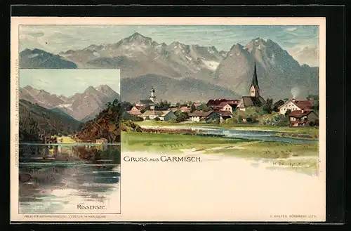 Künstler-Lithographie Heinrich Deuchert: Garmisch, Blick über den Rissersee, Ortspanorama