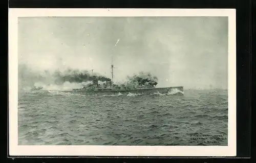 Künstler-AK Claus Bergen: Skagerrak, Kriegsschiff S. M. S. Derfflinger in der Seeschlacht vor dem Skagerrak 1916