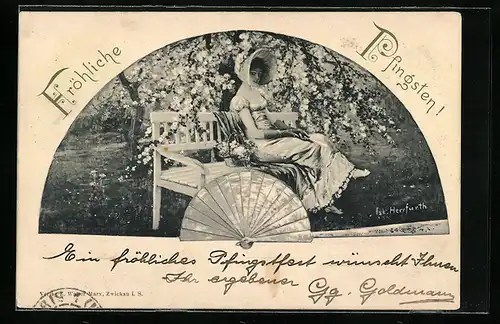Künstler-AK Oskar Herrfurth: Fräulein auf Bank sitzend bei Baumblüte im Fächer
