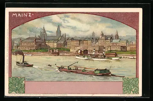 Künstler-AK Franz Hein: Mainz, Stadt und Dampfer auf dem Rhein