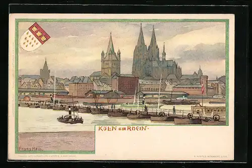 Künstler-AK Franz Hein: Köln am Rhein, Uferpartie mit Dom, Wappen