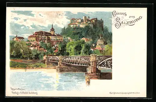 Künstler-AK Salzburg, Partie am Fluss