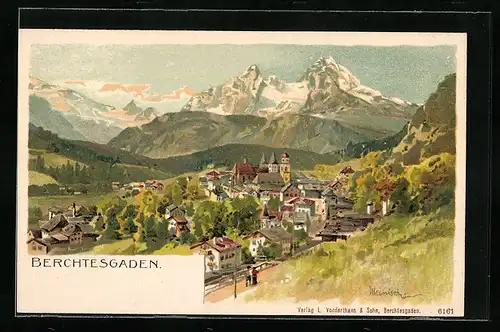 Künstler-AK Karl Heinisch: Berchtesgaden, Teilansicht mit Kirche