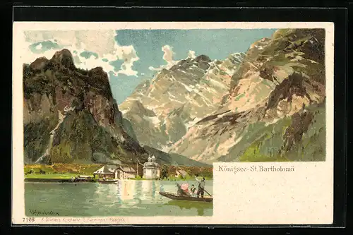 Lithographie Berchtesgaden, Boote auf dem Königssee