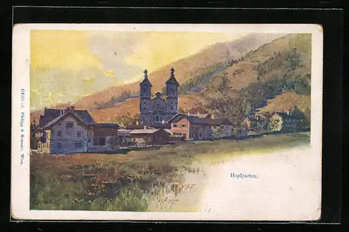 Künstler-AK Franz Kopallik: Hopfgarten im Brixental, Ortspartie mit Kirche