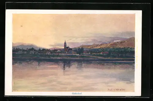 Künstler-AK Franz Kopallik: Gottsdorf, Panorama mit Kirche