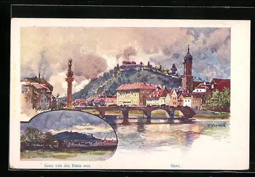 Künstler-AK Franz Kopallik: Graz, Teilansicht von der Bahn aus