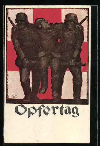 Künstler-AK Richard Klein: Soldaten tragen einen verwundeten Kameraden, Rotes Kreuz, Opfertag 1917