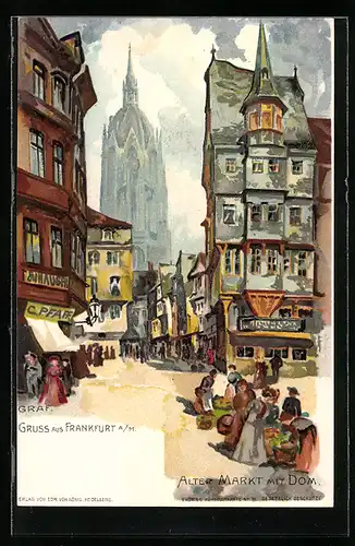 Künstler-Lithographie Gottfried Graf: Alter Markt mit Dom