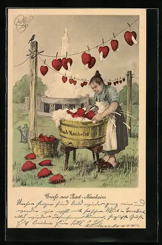 Künstler-AK Heinz Geilfus: Gruss aus Bad Nauheim, Waschfrau schrubbt Herzen im Zuber