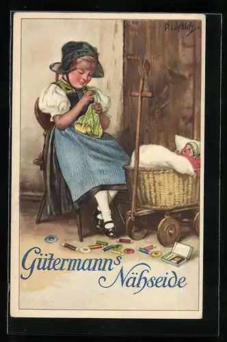 Künstler-AK Curt Liebich: Reklame für Gütermann`s Nähseide, Mädchen näht etwas für ihre Puppe