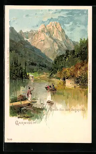 Künstler-AK Karl Heinisch: Garmisch, Uferpartie mit Bergpanorama
