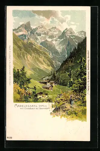 Lithographie Einödsbach, Mädelegabel im Gebirge