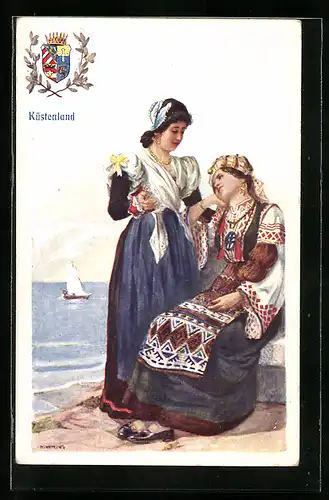 Künstler-AK Adolf Karpellus: Küstenland, Zwei Frauen in Tracht, Wappen