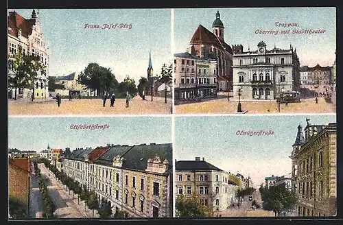 AK Troppau, Oberring mit Stadttheater, Elisabethstrasse und Olmützerstrasse