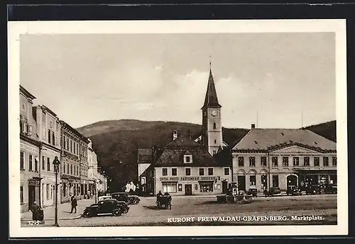 AK Freiwaldau-Gräfenberg, Marktplatz mit Drogerie-Parfümerie